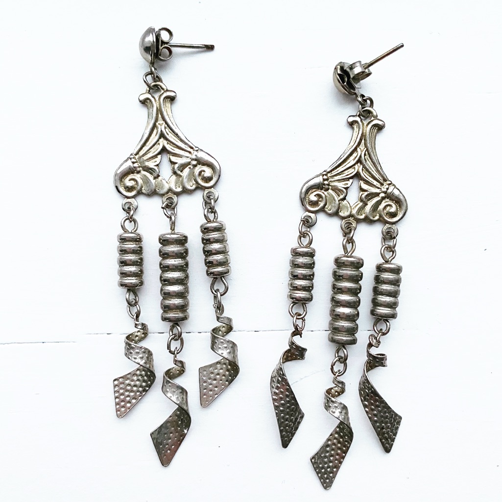 Vintage Silver Tin Chandelier Drop Earrings